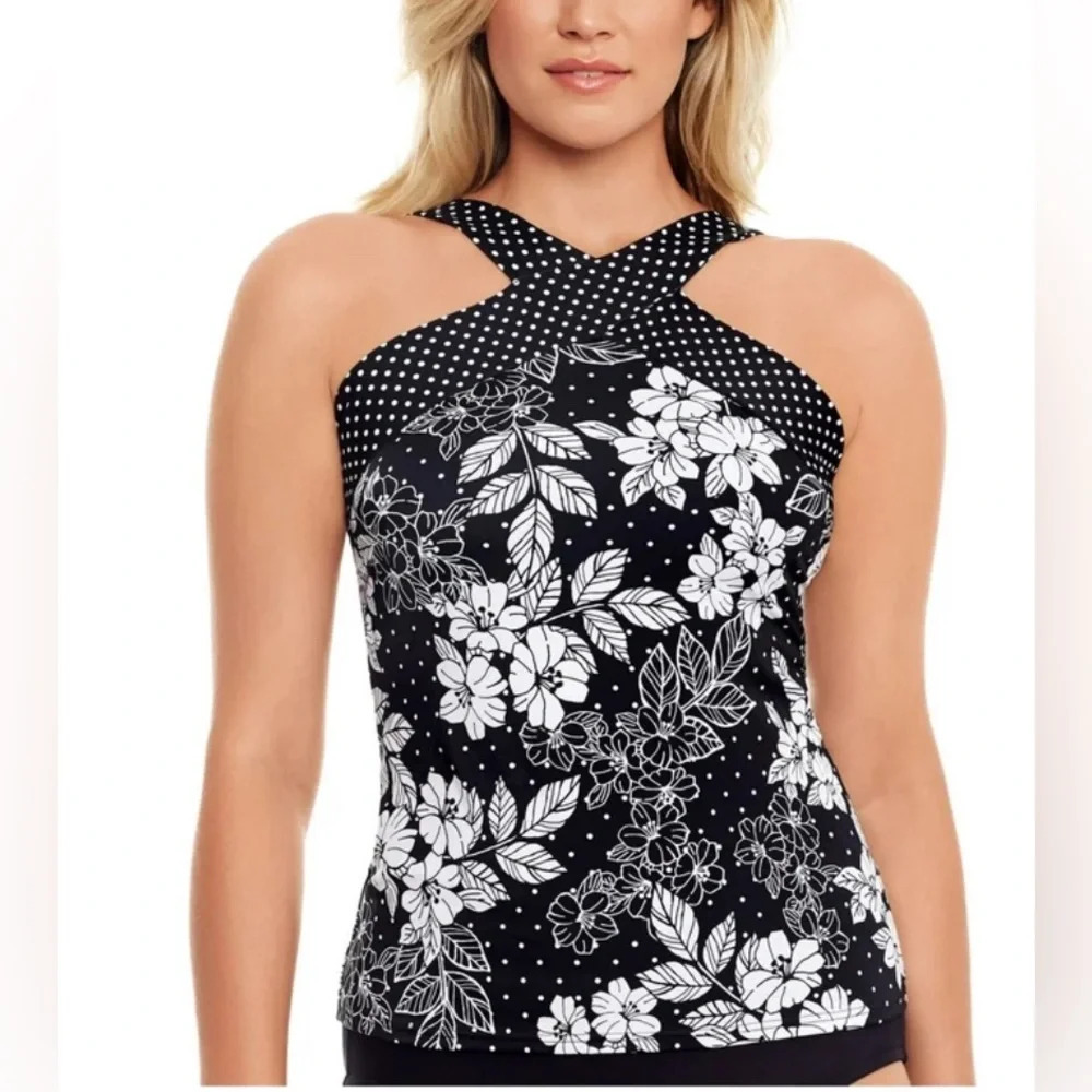 Nwt SWIM SOLUTIONS Women's Black Hibiscus Stretch Halter Tankini Swim top medium